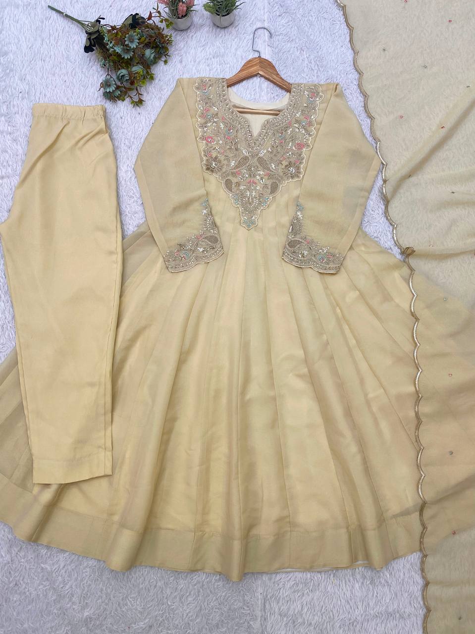 Cream Cording with Sequence Embroidered Anarkali Gown, Pant and Dupatta Set