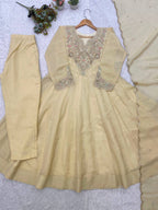 Cream Cording with Sequence Embroidered Anarkali Gown, Pant and Dupatta Set