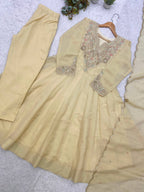 Cream Cording with Sequence Embroidered Anarkali Gown, Pant and Dupatta Set