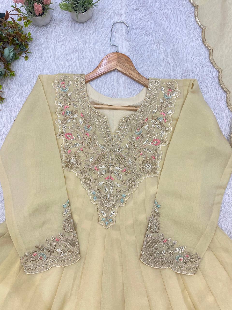 Cream Cording with Sequence Embroidered Anarkali Gown, Pant and Dupatta Set