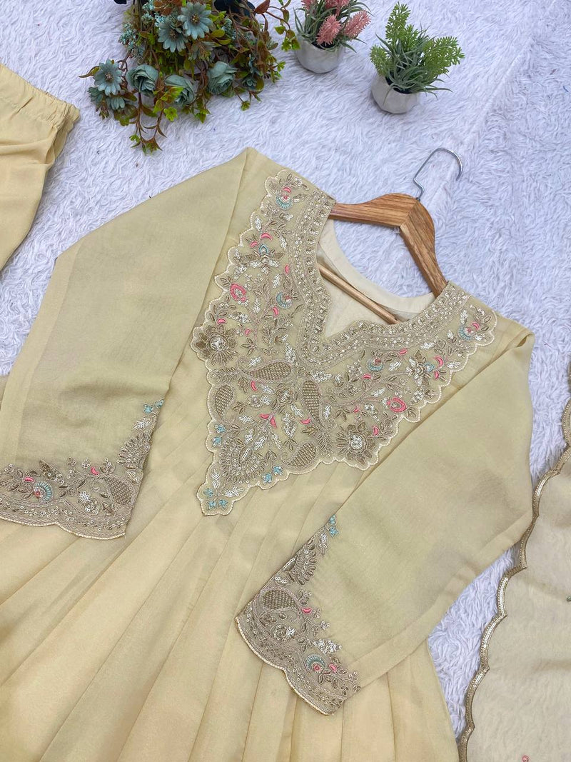 Cream Cording with Sequence Embroidered Anarkali Gown, Pant and Dupatta Set