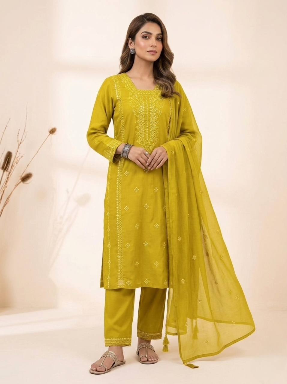 Mustard Yellow Sequence Embroidered Top, Pant and Dupatta Set with Side Pockets