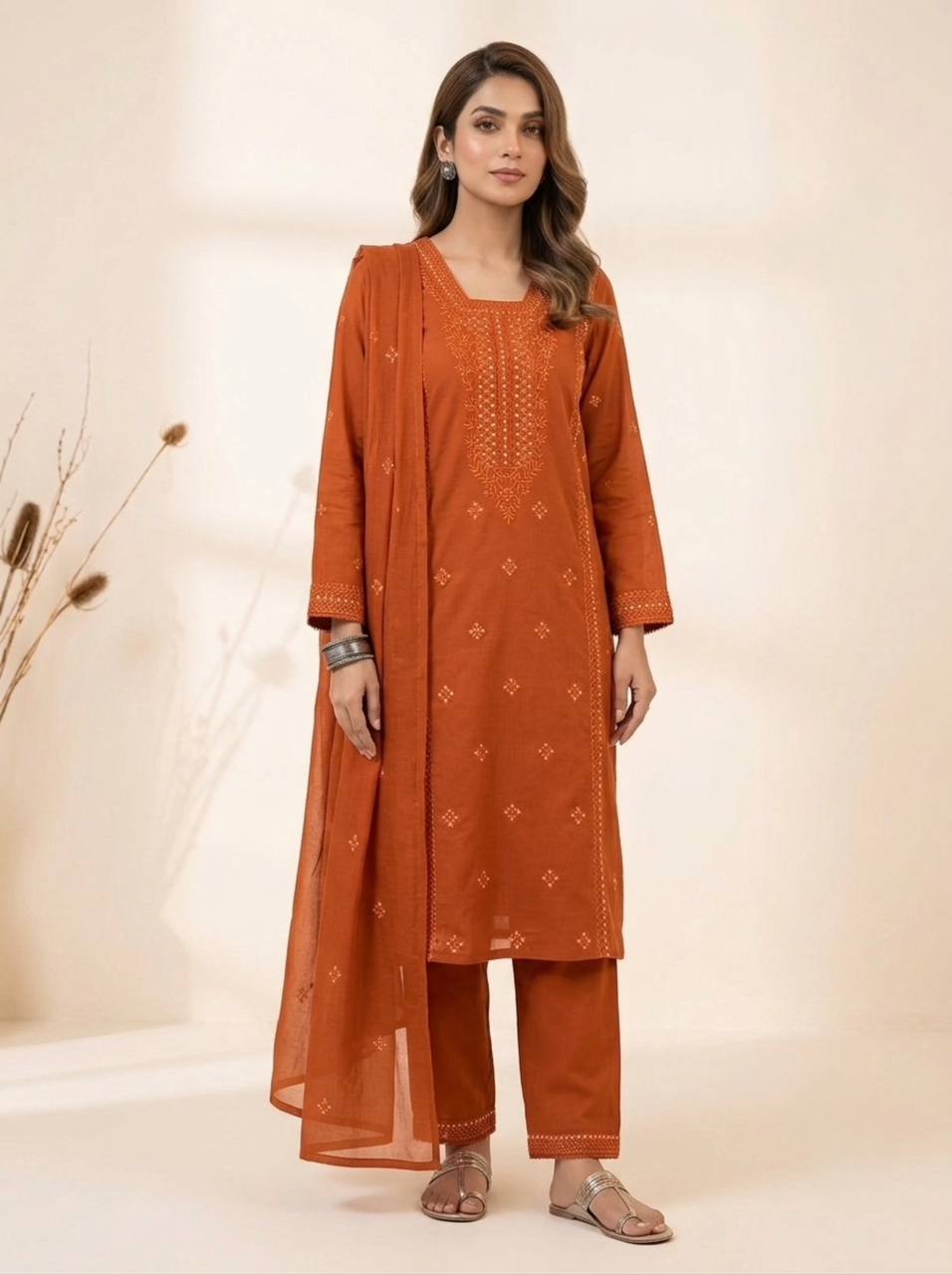 Burnt Orange Sequence Embroidered Top, Pant and Dupatta Set with Side Pockets