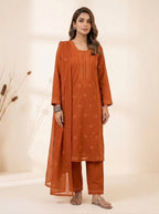 Burnt Orange Sequence Embroidered Top, Pant and Dupatta Set with Side Pockets