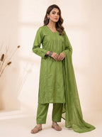 Olive Green Sequence Embroidered Top, Pant and Dupatta Set with Side Pockets