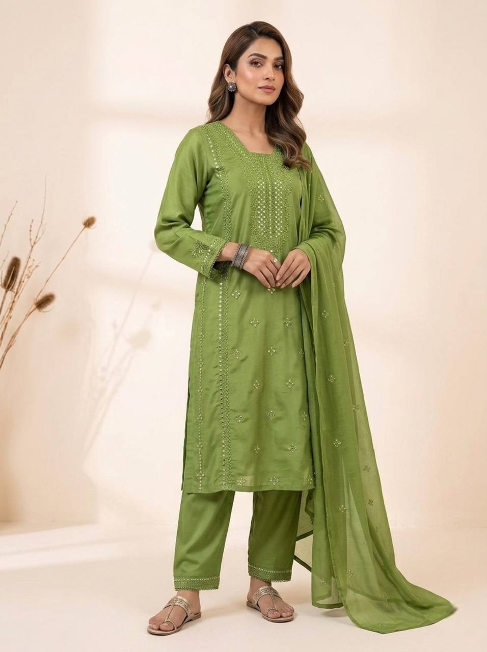 Olive Green Sequence Embroidered Top, Pant and Dupatta Set with Side Pockets