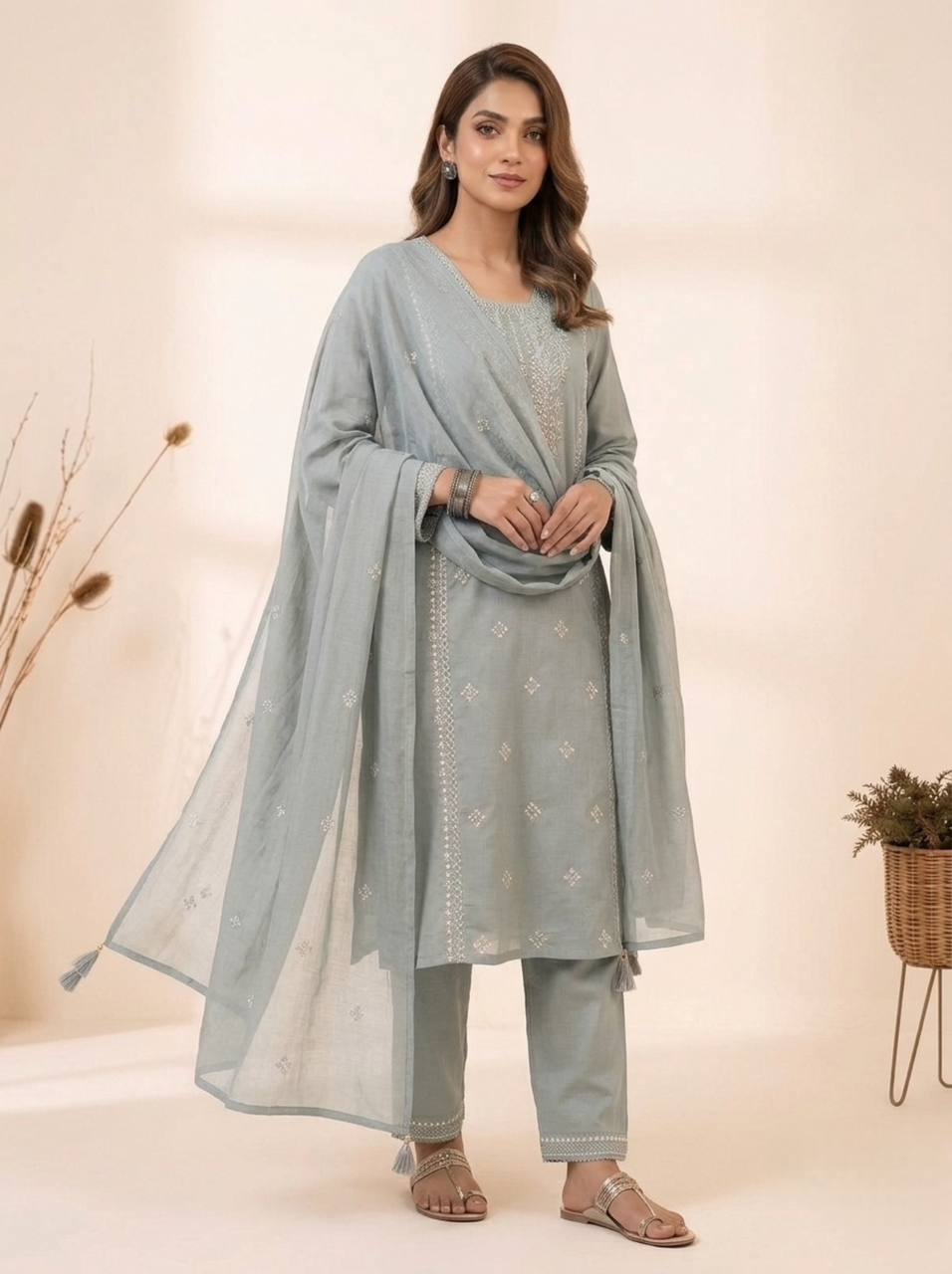 Steel Grey Sequence Embroidered Top, Pant and Dupatta Set with Side Pockets