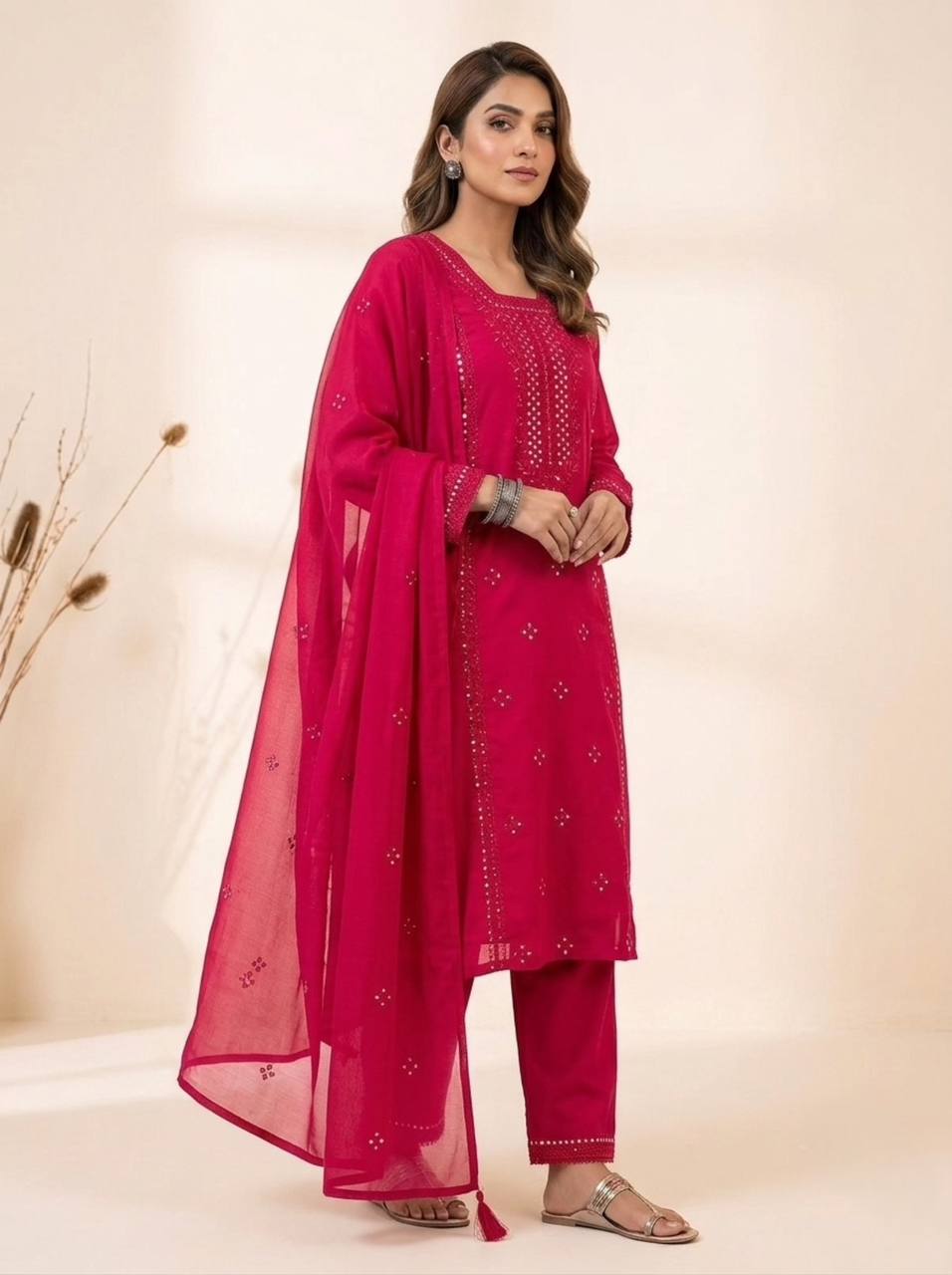 Hot Pink Sequence Embroidered Top, Pant and Dupatta Set with Side Pockets