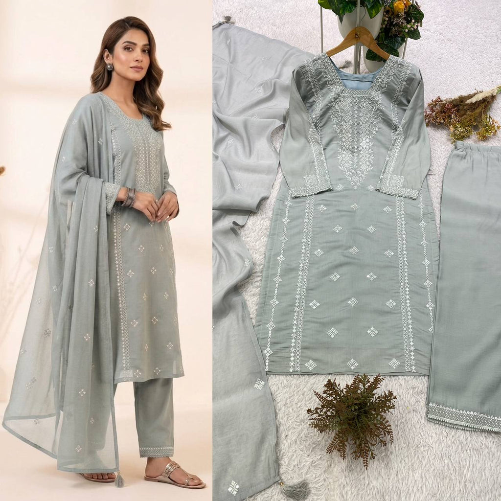 Steel Grey Sequence Embroidered Top, Pant and Dupatta Set with Side Pockets