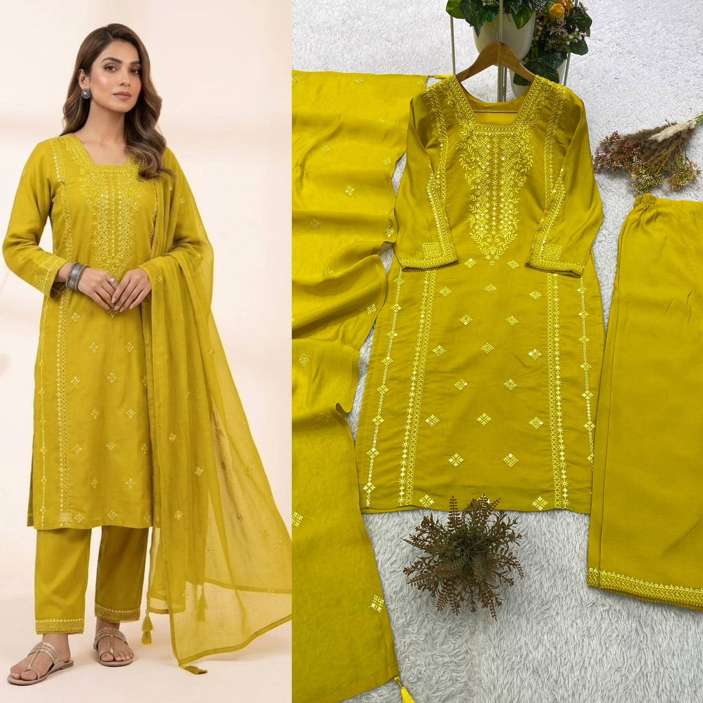 Mustard Yellow Sequence Embroidered Top, Pant and Dupatta Set with Side Pockets