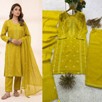 Mustard Yellow Sequence Embroidered Top, Pant and Dupatta Set with Side Pockets