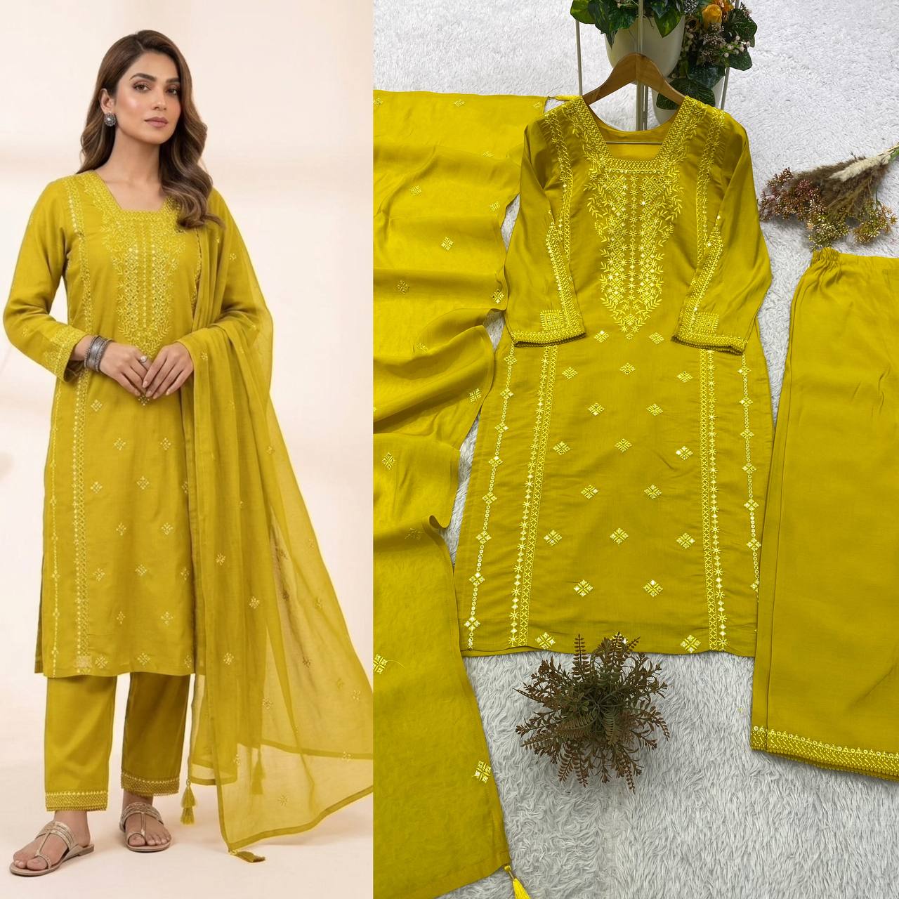 Mustard Yellow Sequence Embroidered Top, Pant and Dupatta Set with Side Pockets
