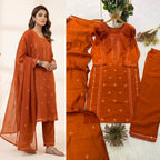 Burnt Orange Sequence Embroidered Top, Pant and Dupatta Set with Side Pockets