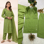Olive Green Sequence Embroidered Top, Pant and Dupatta Set with Side Pockets