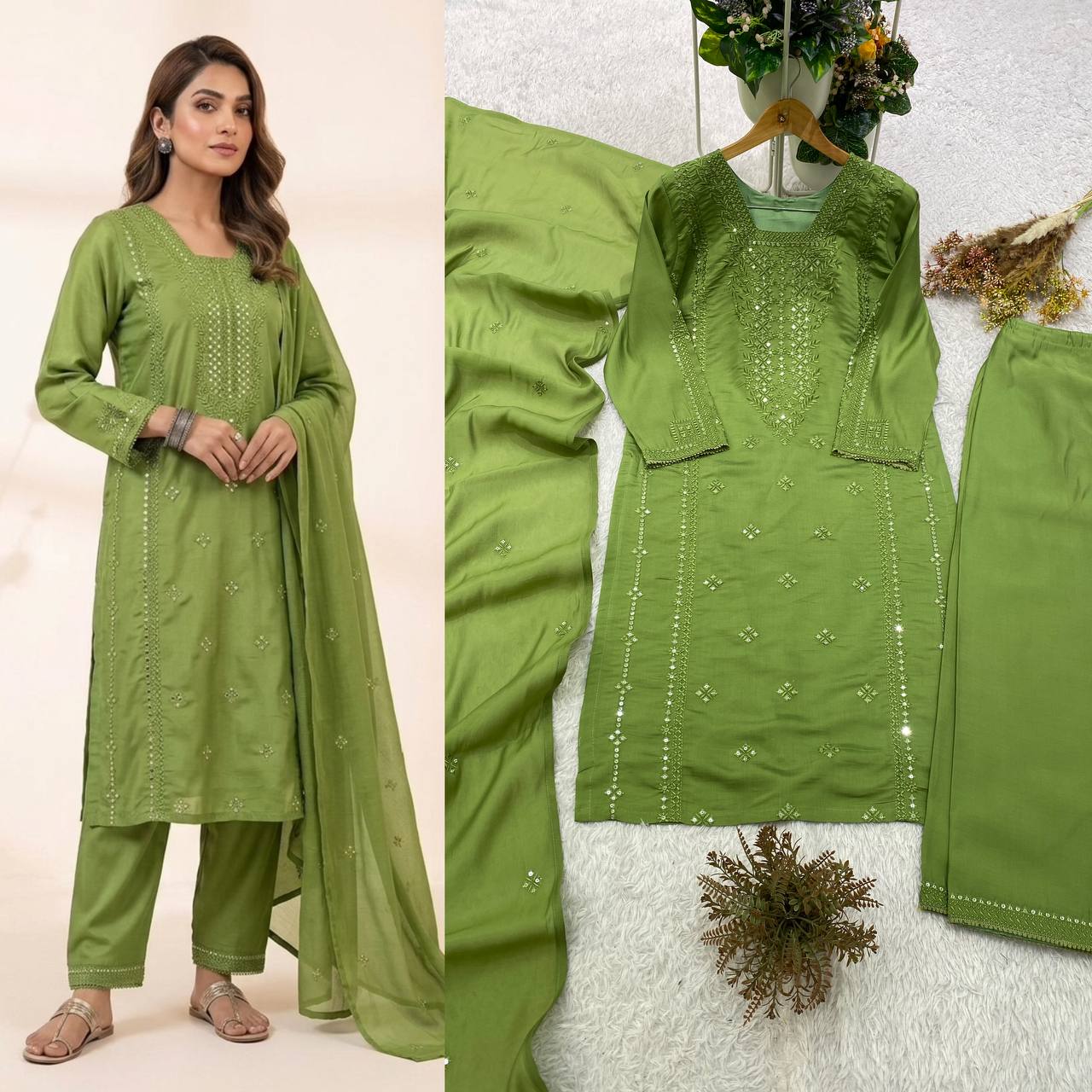 Olive Green Sequence Embroidered Top, Pant and Dupatta Set with Side Pockets