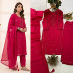 Hot Pink Sequence Embroidered Top, Pant and Dupatta Set with Side Pockets