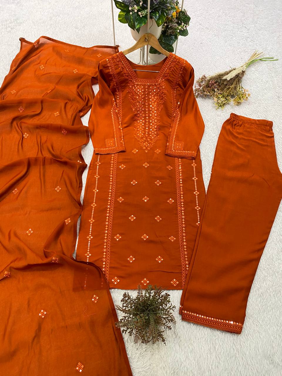 Burnt Orange Sequence Embroidered Top, Pant and Dupatta Set with Side Pockets