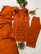 Burnt Orange Sequence Embroidered Top, Pant and Dupatta Set with Side Pockets