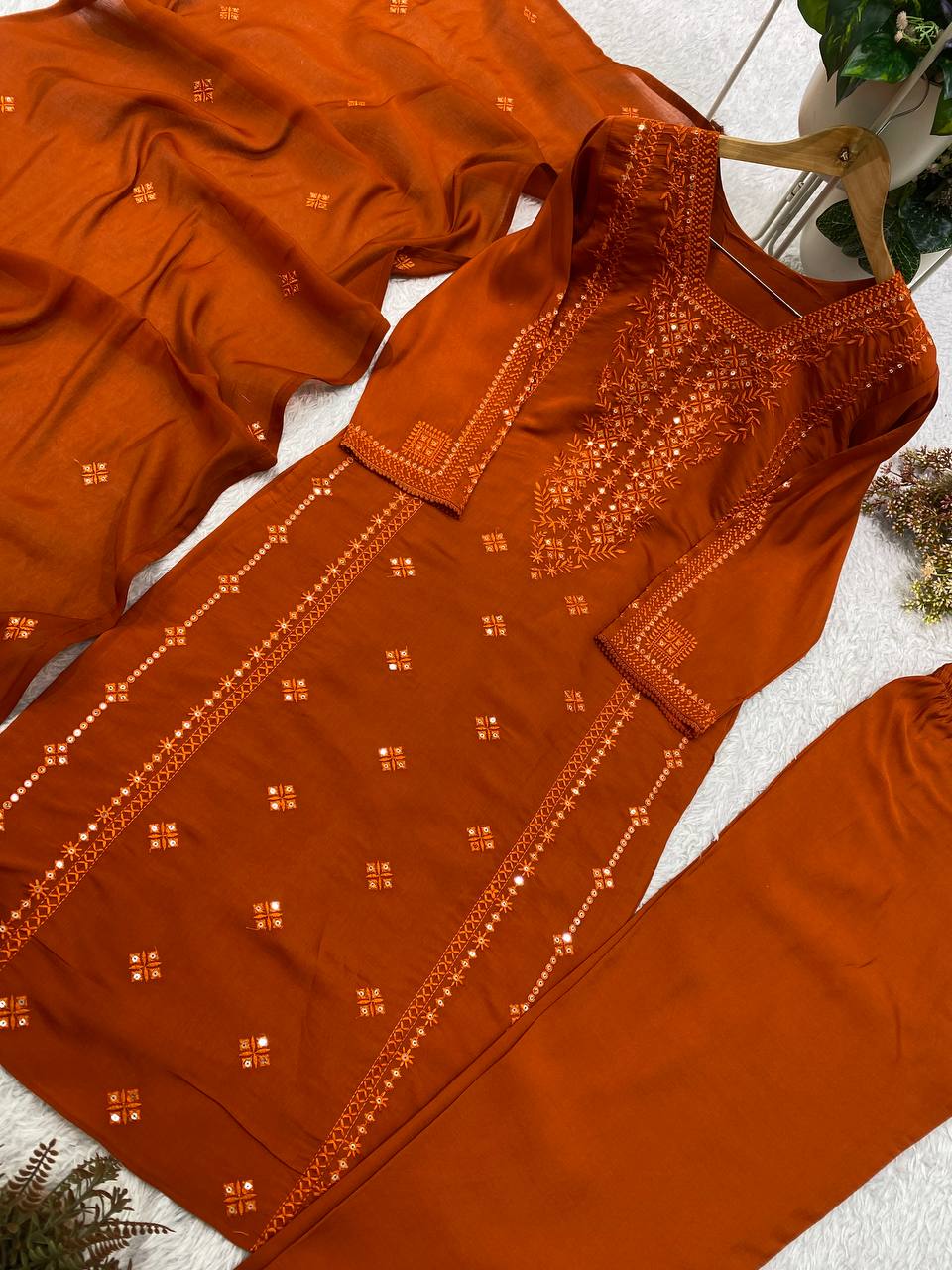Burnt Orange Sequence Embroidered Top, Pant and Dupatta Set with Side Pockets