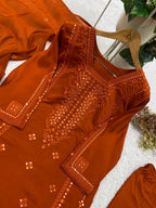 Burnt Orange Sequence Embroidered Top, Pant and Dupatta Set with Side Pockets