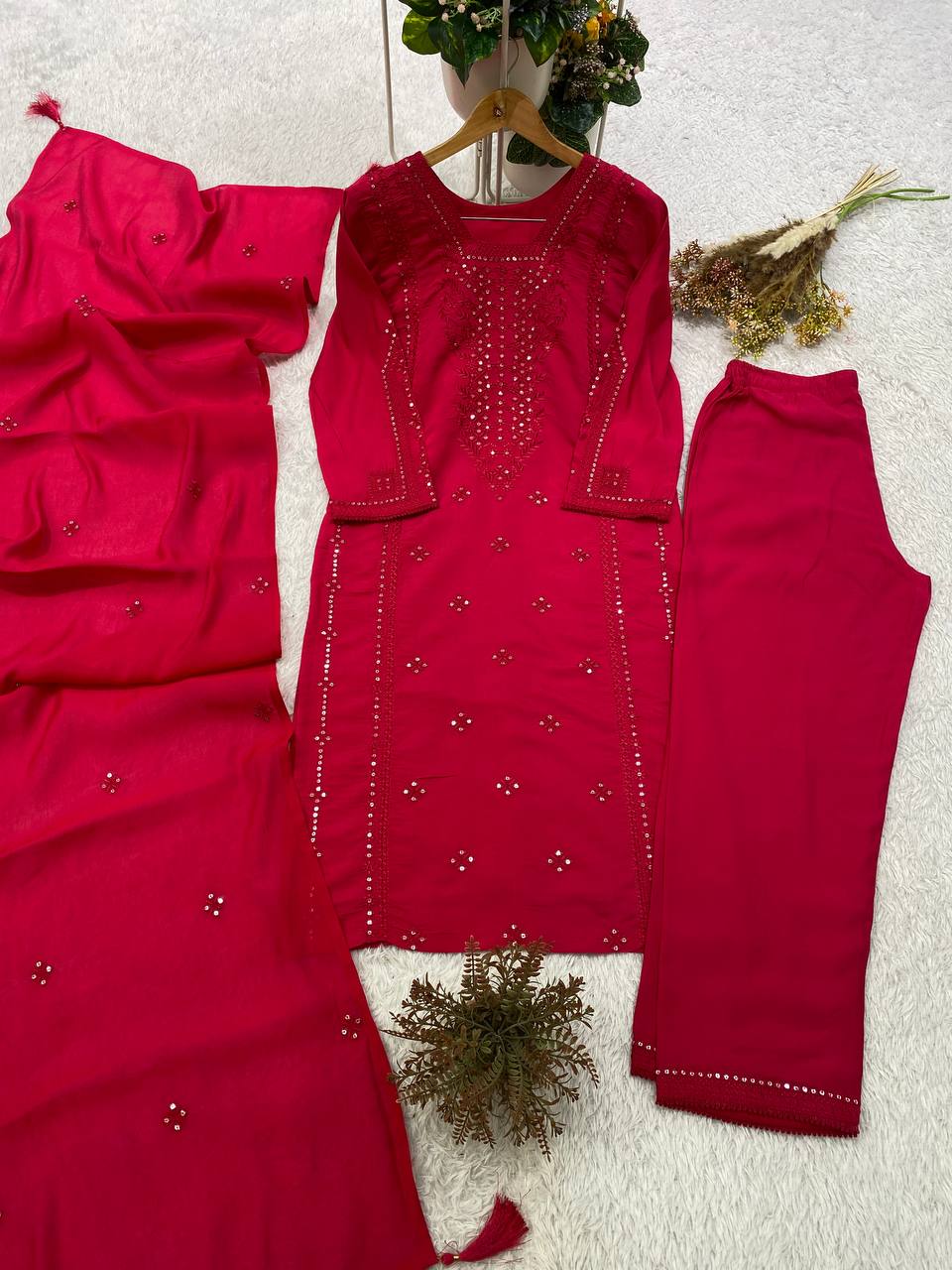Hot Pink Sequence Embroidered Top, Pant and Dupatta Set with Side Pockets
