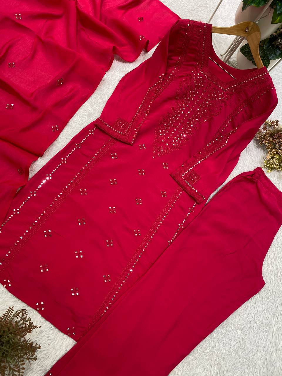 Hot Pink Sequence Embroidered Top, Pant and Dupatta Set with Side Pockets