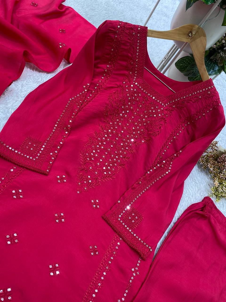 Hot Pink Sequence Embroidered Top, Pant and Dupatta Set with Side Pockets