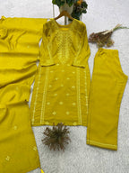 Mustard Yellow Sequence Embroidered Top, Pant and Dupatta Set with Side Pockets