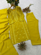 Mustard Yellow Sequence Embroidered Top, Pant and Dupatta Set with Side Pockets