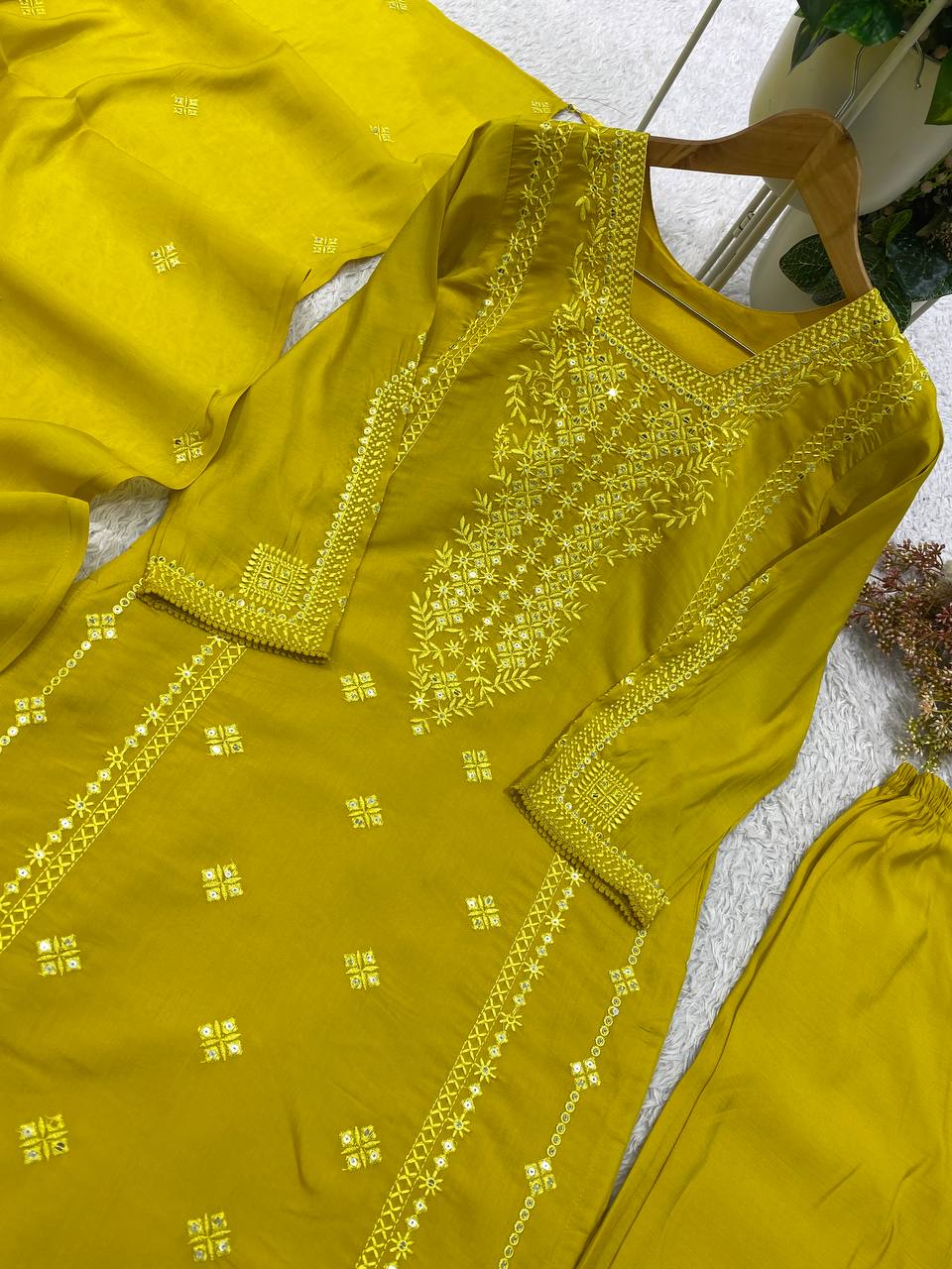Mustard Yellow Sequence Embroidered Top, Pant and Dupatta Set with Side Pockets