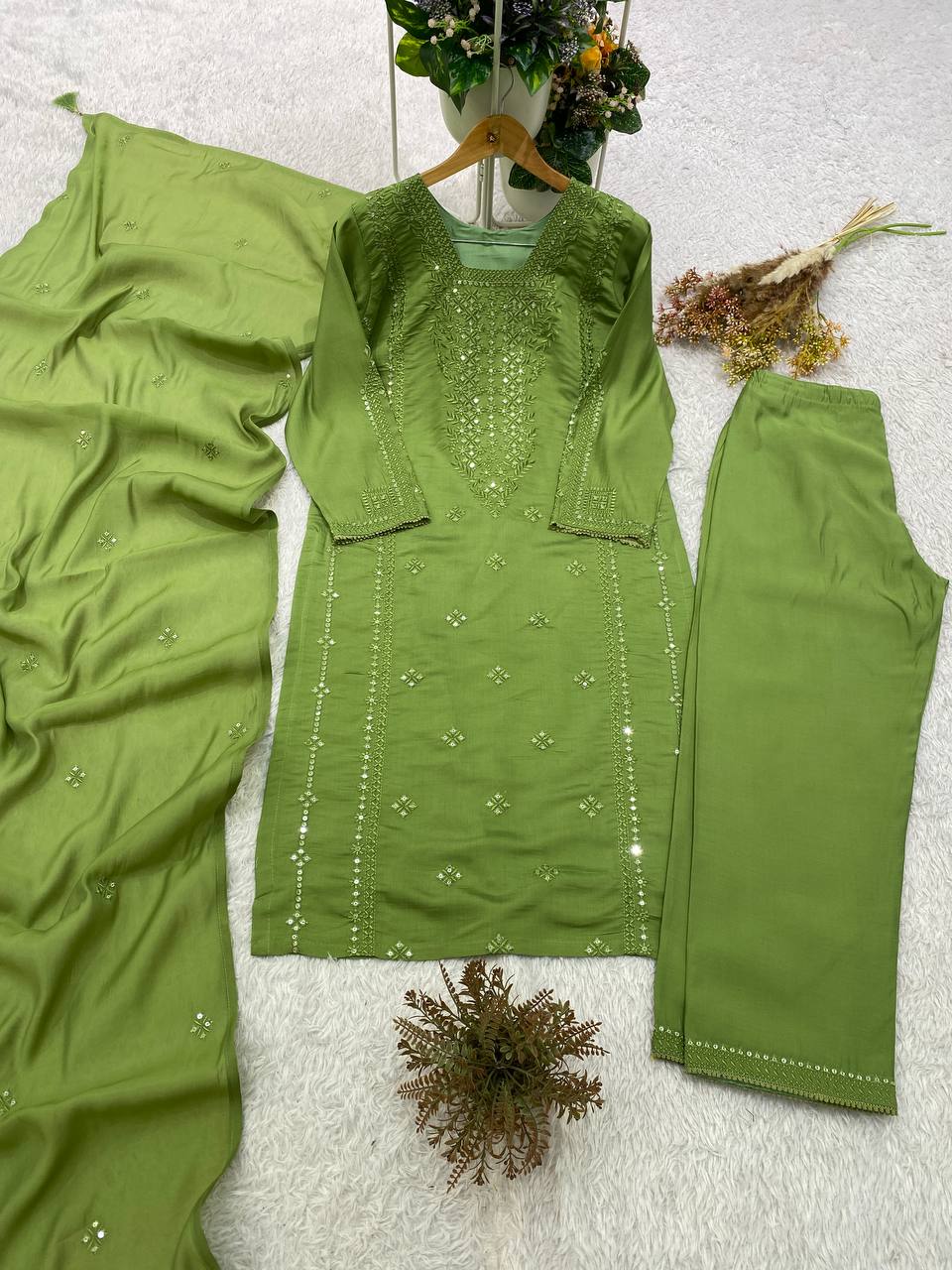 Olive Green Sequence Embroidered Top, Pant and Dupatta Set with Side Pockets