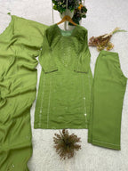 Olive Green Sequence Embroidered Top, Pant and Dupatta Set with Side Pockets