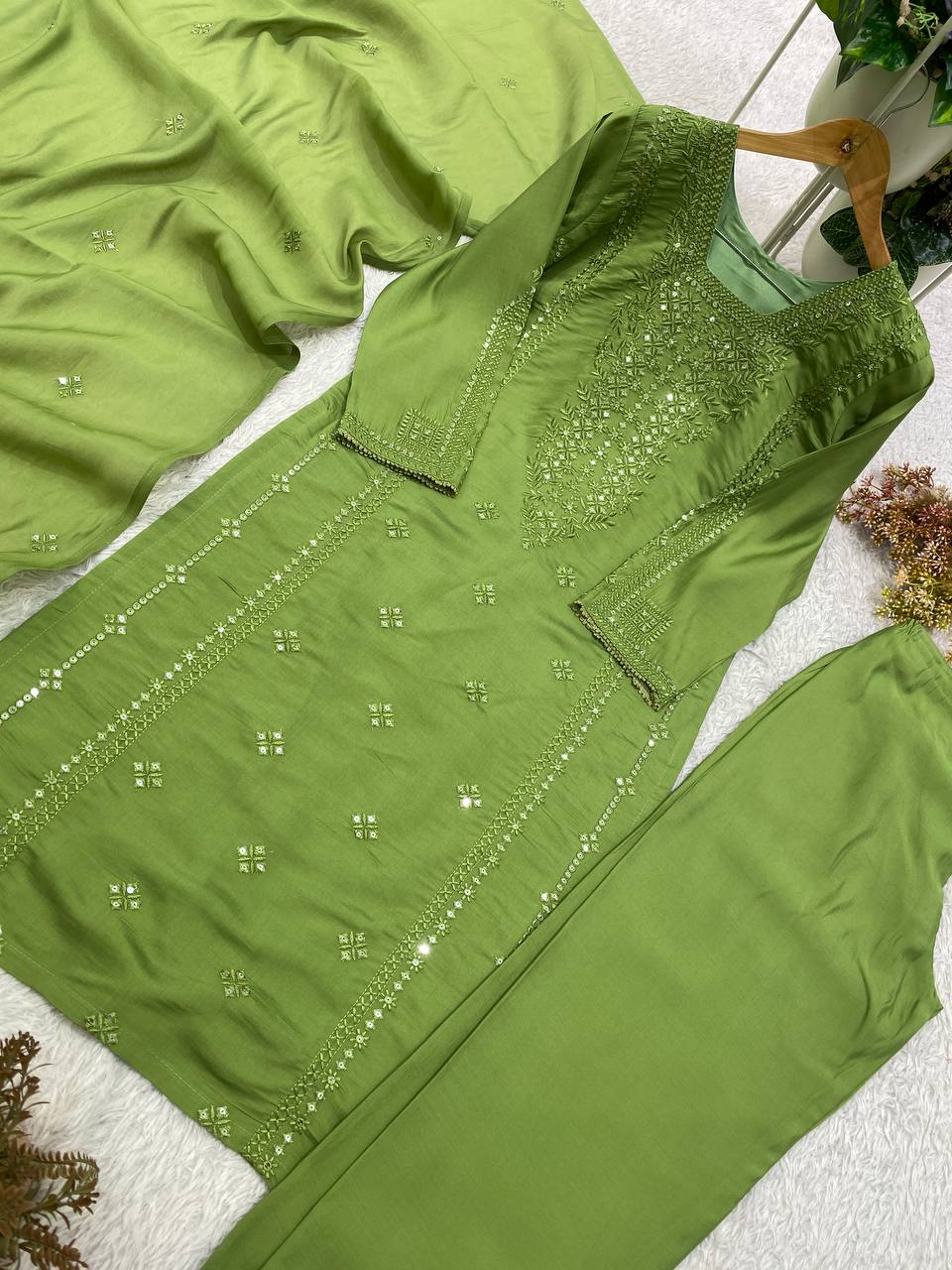 Olive Green Sequence Embroidered Top, Pant and Dupatta Set with Side Pockets