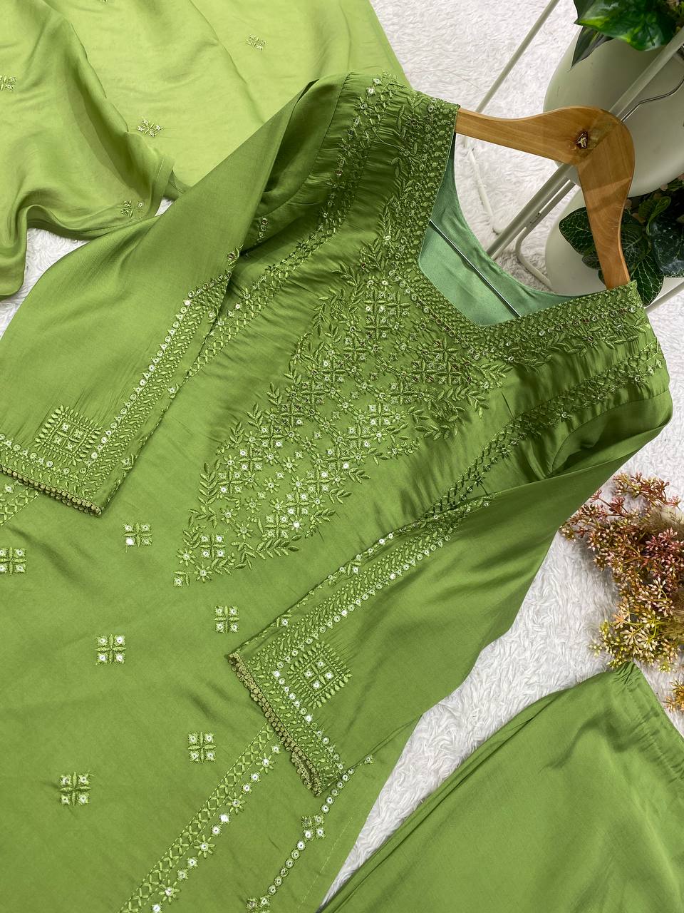 Olive Green Sequence Embroidered Top, Pant and Dupatta Set with Side Pockets