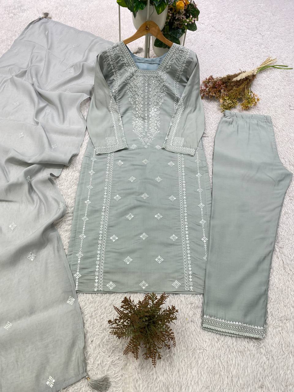 Steel Grey Sequence Embroidered Top, Pant and Dupatta Set with Side Pockets