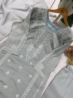 Steel Grey Sequence Embroidered Top, Pant and Dupatta Set with Side Pockets
