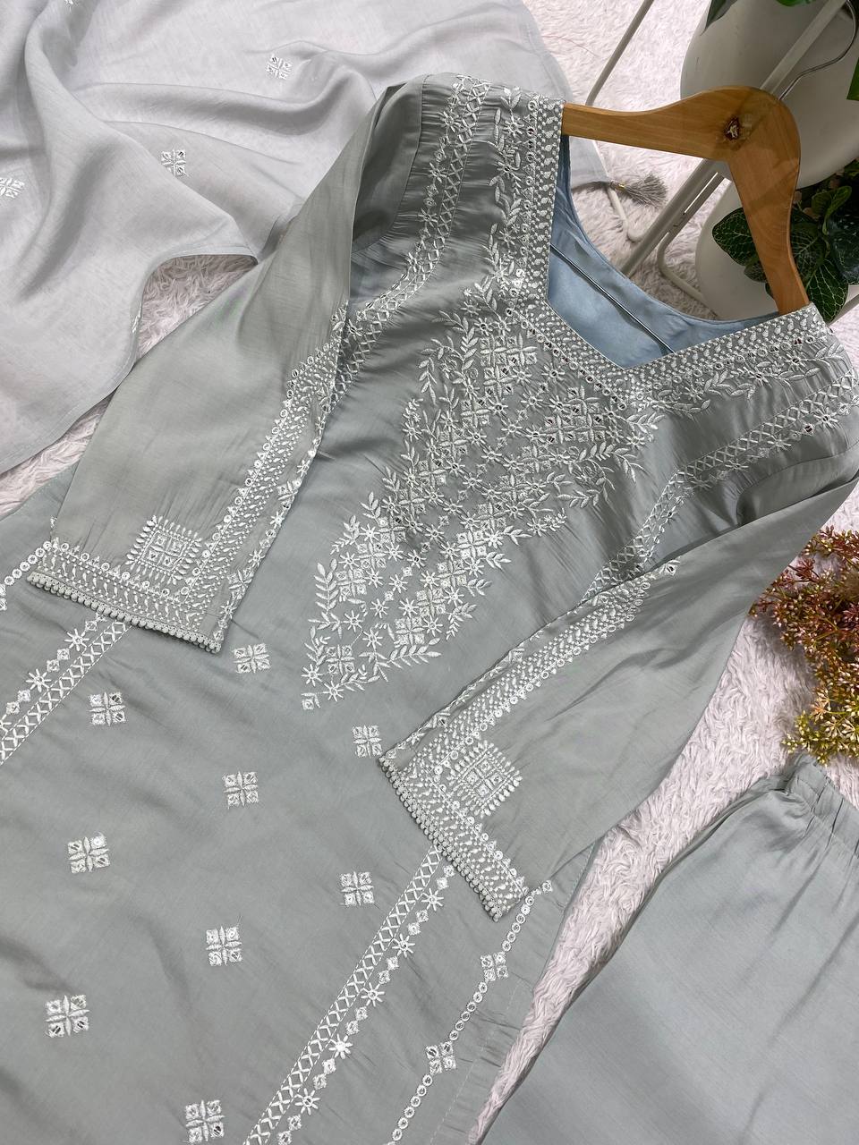 Steel Grey Sequence Embroidered Top, Pant and Dupatta Set with Side Pockets