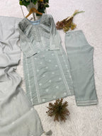 Steel Grey Sequence Embroidered Top, Pant and Dupatta Set with Side Pockets