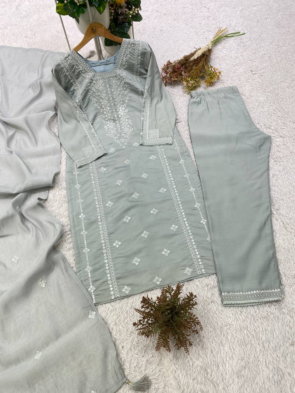 Steel Grey Sequence Embroidered Top, Pant and Dupatta Set with Side Pockets