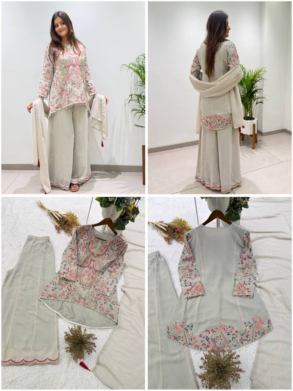Ivory Multicolour Heavy Sequence Embroidered Top, Palazzo and Dupatta Set