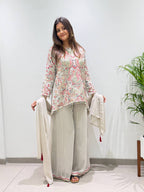 Ivory Multicolour Heavy Sequence Embroidered Top, Palazzo and Dupatta Set
