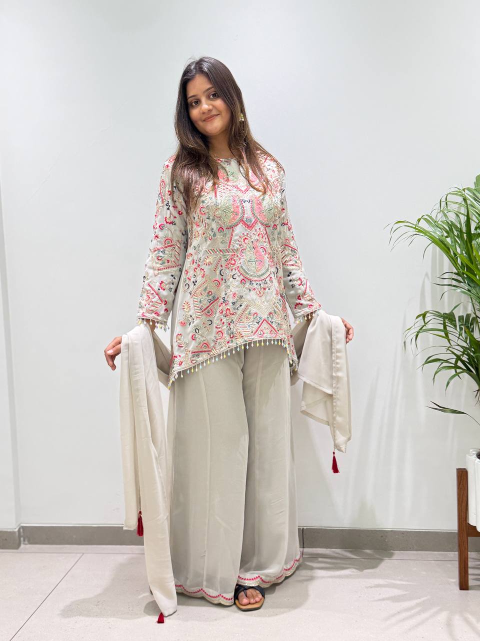 Ivory Multicolour Heavy Sequence Embroidered Top, Palazzo and Dupatta Set