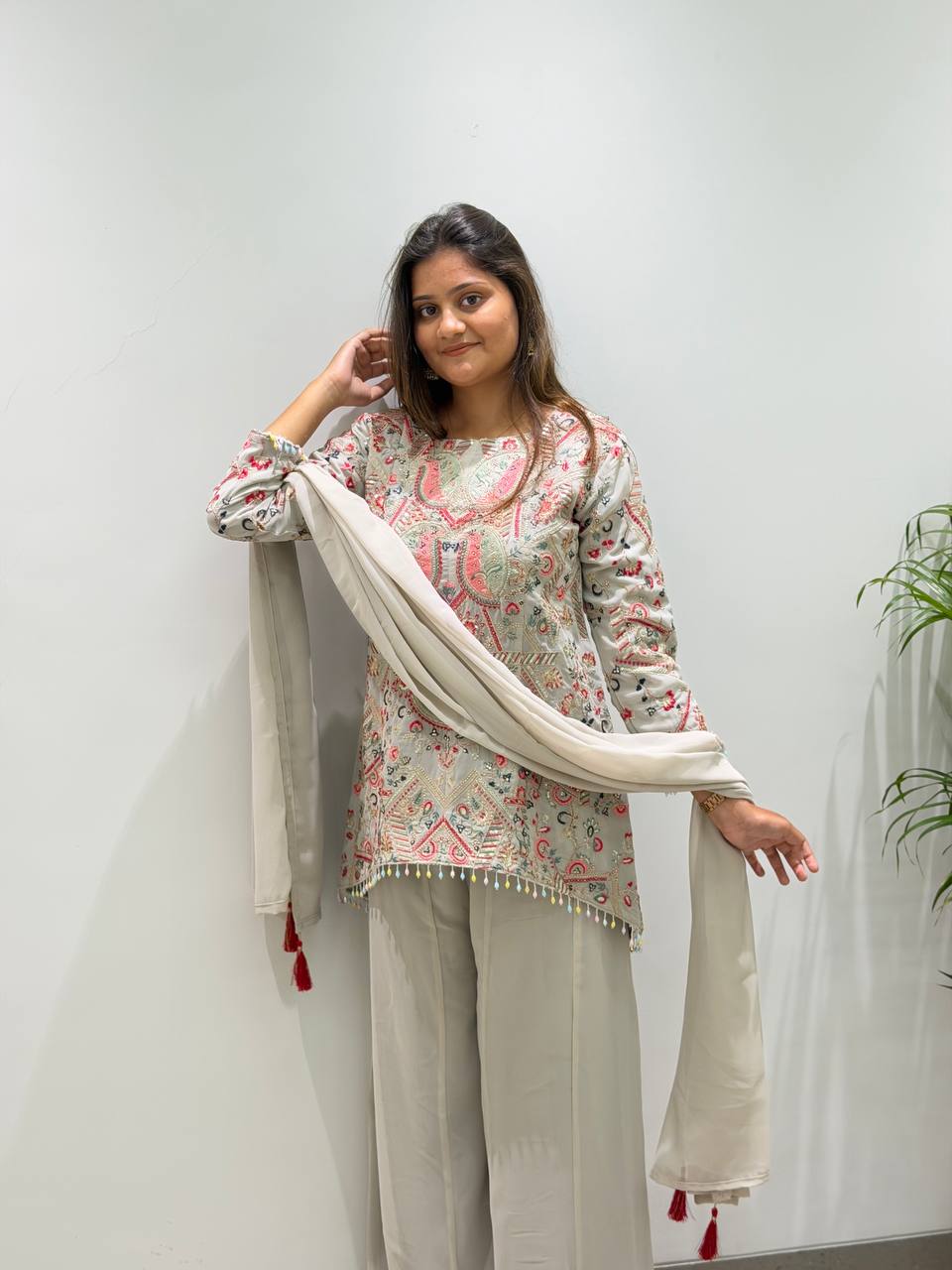 Ivory Multicolour Heavy Sequence Embroidered Top, Palazzo and Dupatta Set