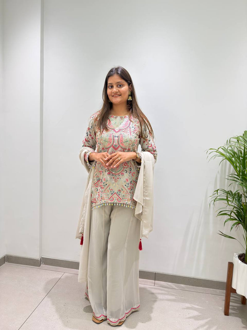 Ivory Multicolour Heavy Sequence Embroidered Top, Palazzo and Dupatta Set