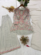 Ivory Multicolour Heavy Sequence Embroidered Top, Palazzo and Dupatta Set