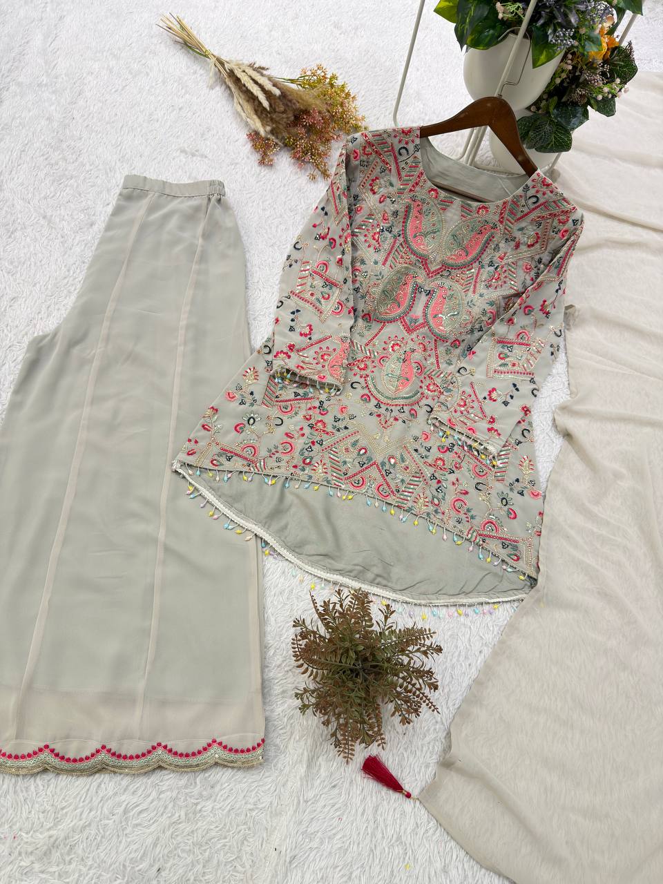 Ivory Multicolour Heavy Sequence Embroidered Top, Palazzo and Dupatta Set