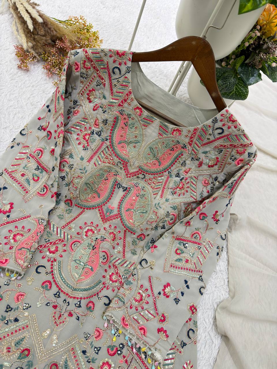 Ivory Multicolour Heavy Sequence Embroidered Top, Palazzo and Dupatta Set