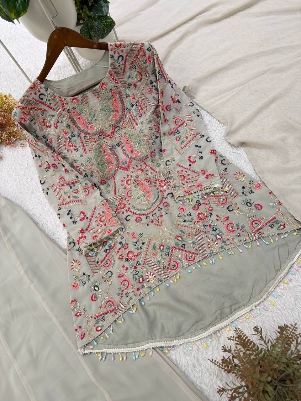 Ivory Multicolour Heavy Sequence Embroidered Top, Palazzo and Dupatta Set