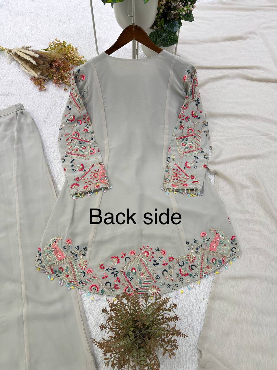 Ivory Multicolour Heavy Sequence Embroidered Top, Palazzo and Dupatta Set