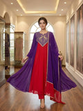 Purple Red Mul Chanderi Anarkali Kurti Set | Cording & Sequin Embroidery | Kurti + Pant + Dupatta | Festive Ethnic Wear